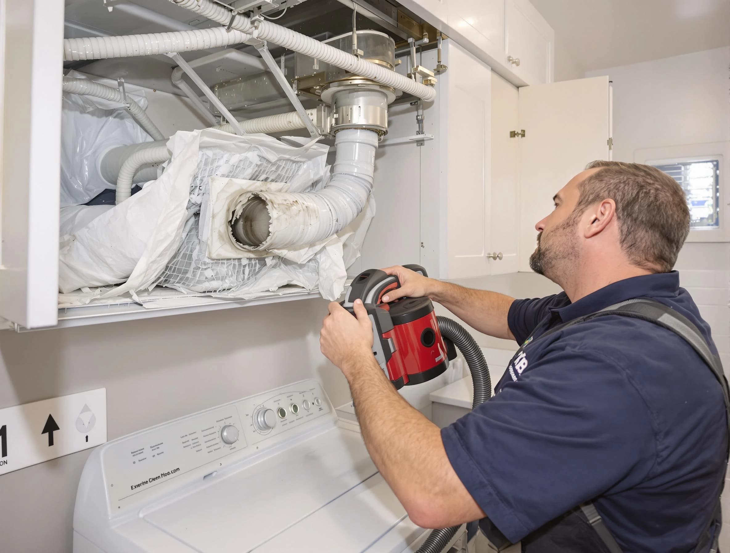 West Covina Dryer Vent Cleaning technician performing professional exhaust vent cleaning at a residential property in West Covina