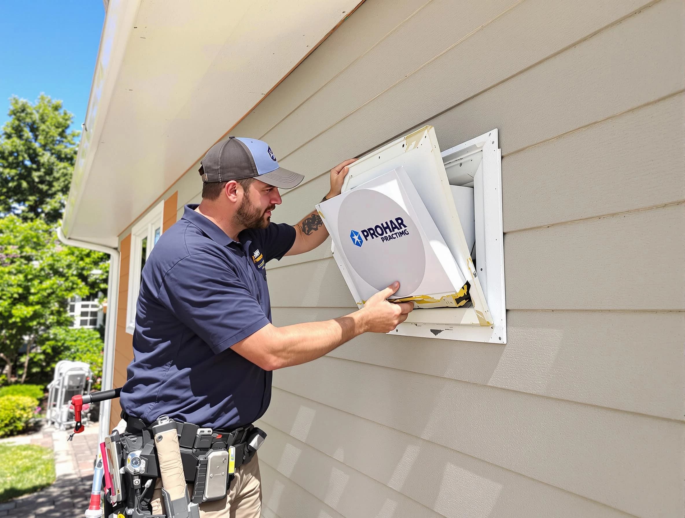 West Covina Dryer Vent Cleaning technician installing a new protective dryer vent cover on a home in West Covina
