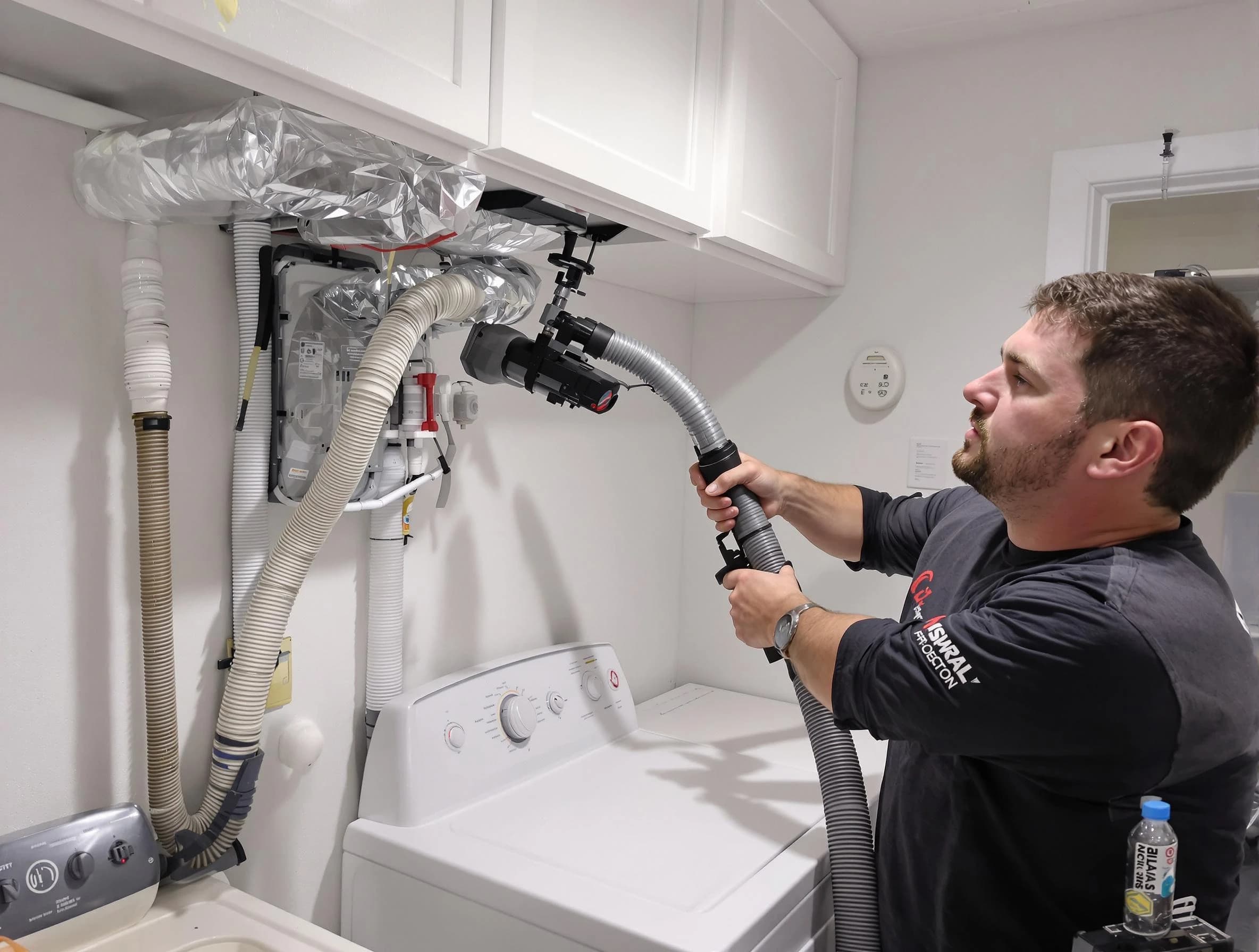 West Covina Dryer Vent Cleaning certified technician performing safety-focused gas dryer vent cleaning in West Covina