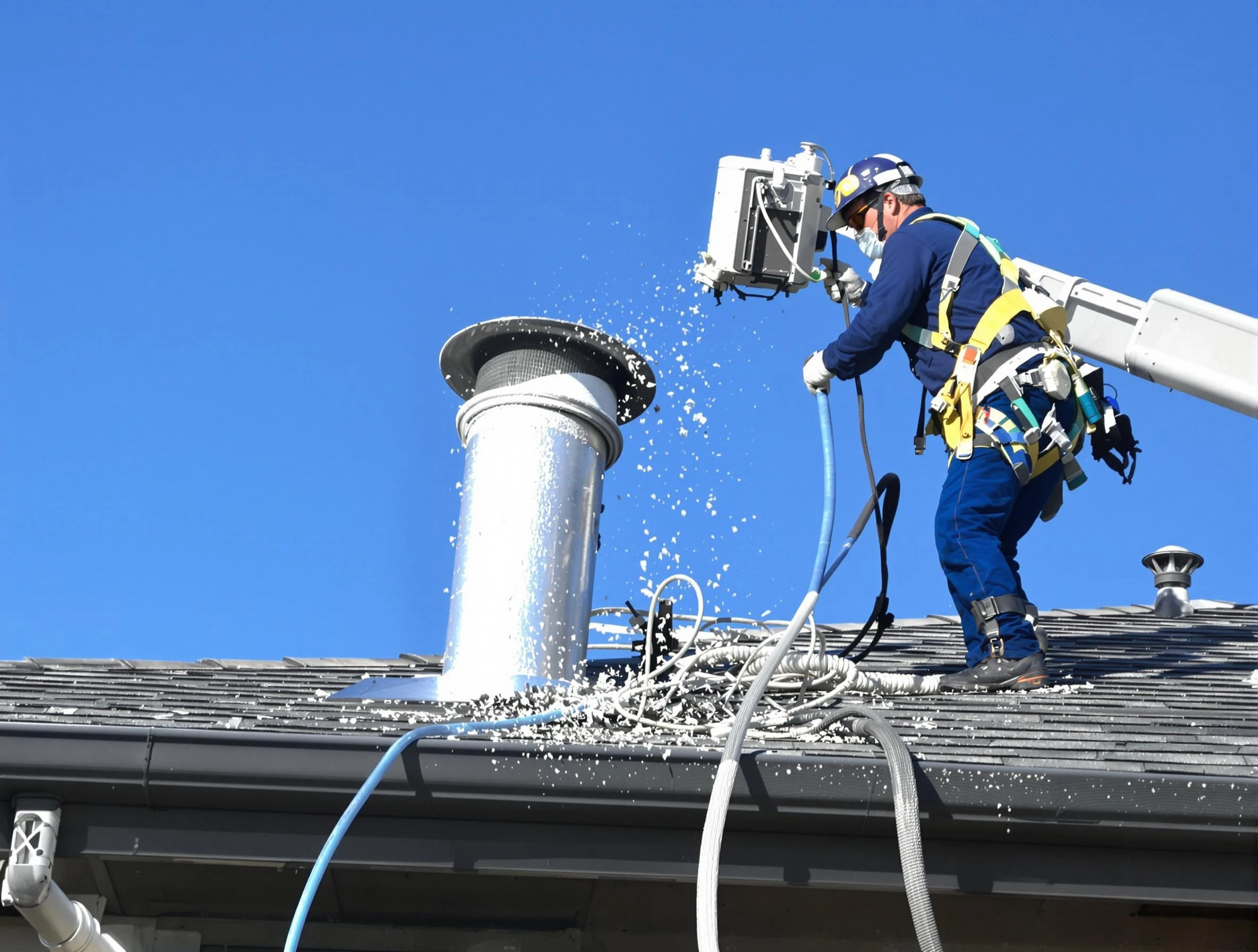 West Covina Dryer Vent Cleaning certified technician safely cleaning a roof-mounted dryer vent in West Covina
