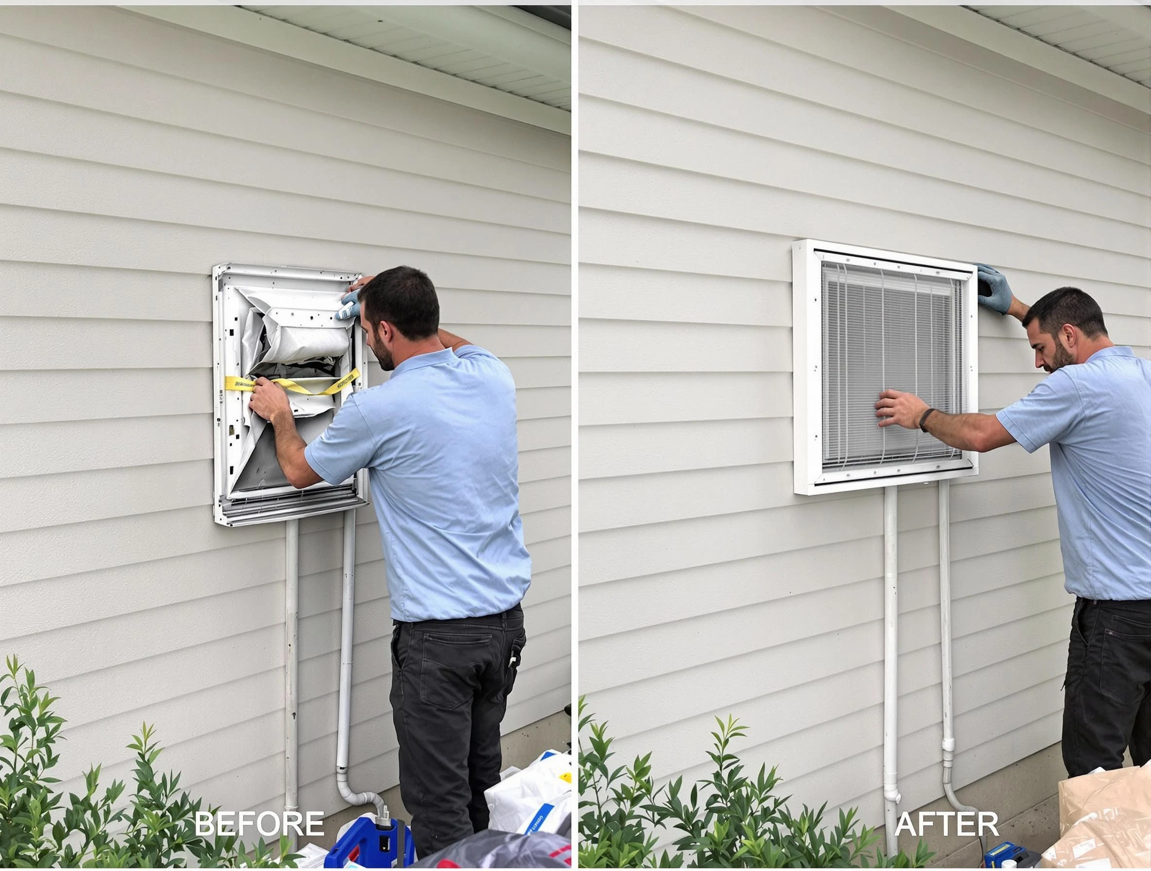 West Covina Dryer Vent Cleaning technician installing high-quality dryer vent cover at a residential property in West Covina